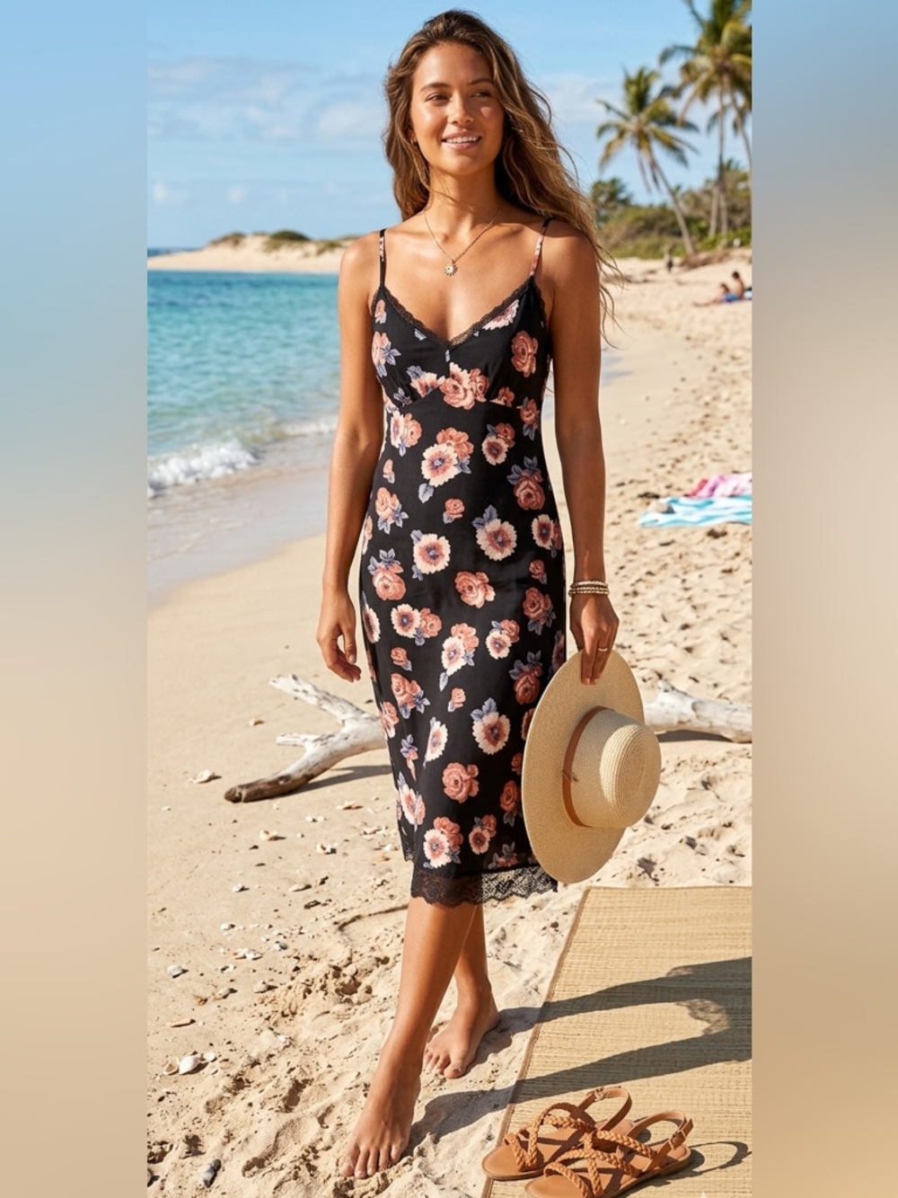 M&S Black Floral Slip Dress w floral print &  lace detail at bottom Size 8
